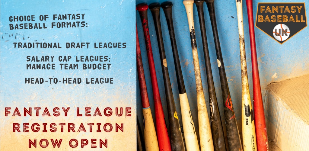 Baseball bats lined up against a blue painted wall. Text announces fantasy league registration now open.