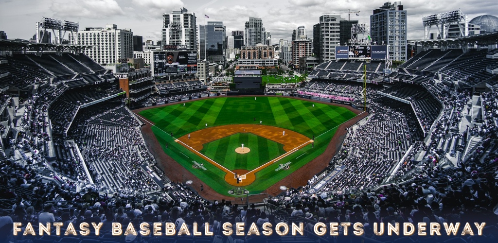 View from stands of Petco Park in San Diego with text overlaid announcing season is underway